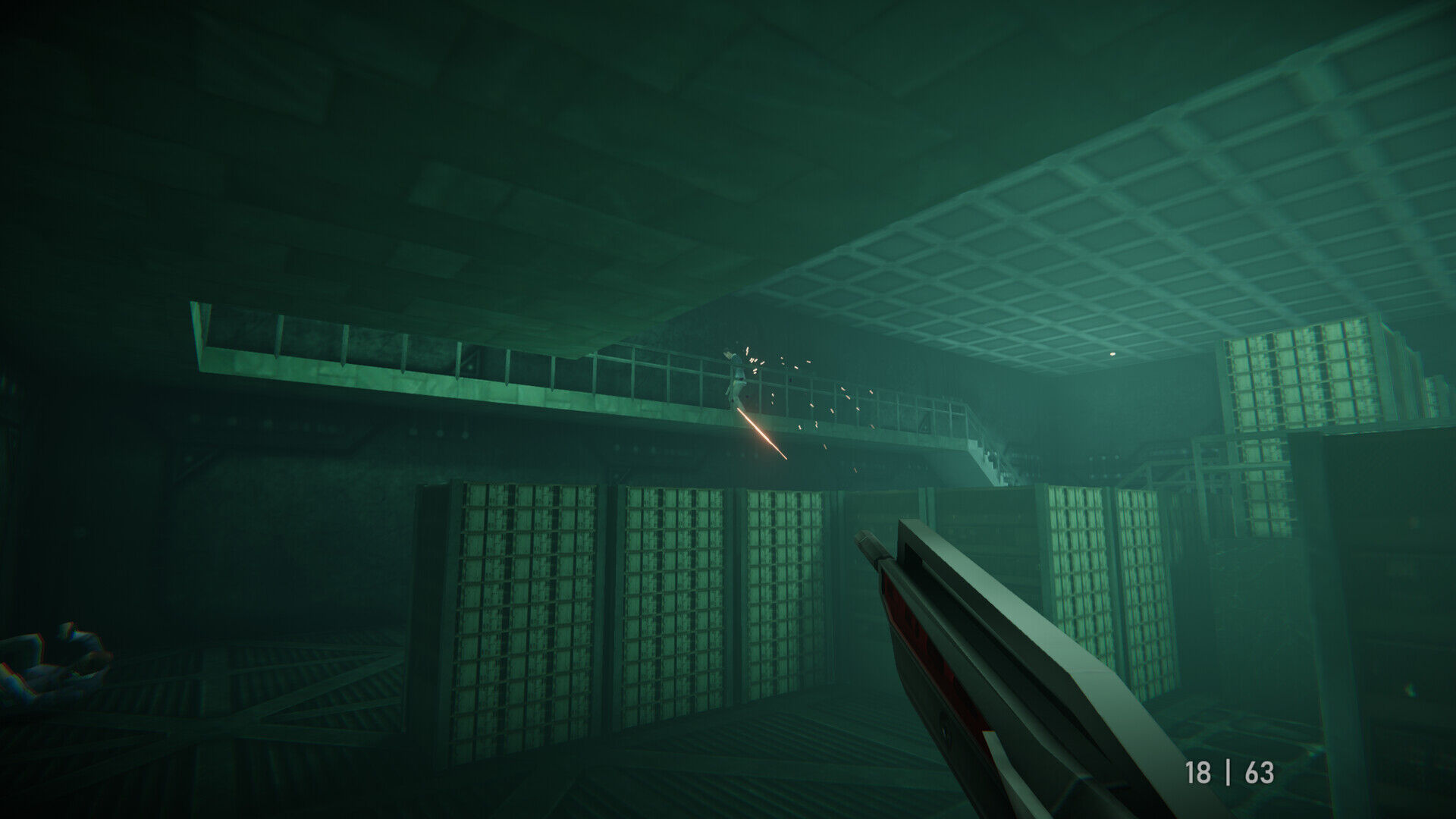 Green-tinted industrial interior with catwalks and vertical combat demonstrating atmospheric lighting