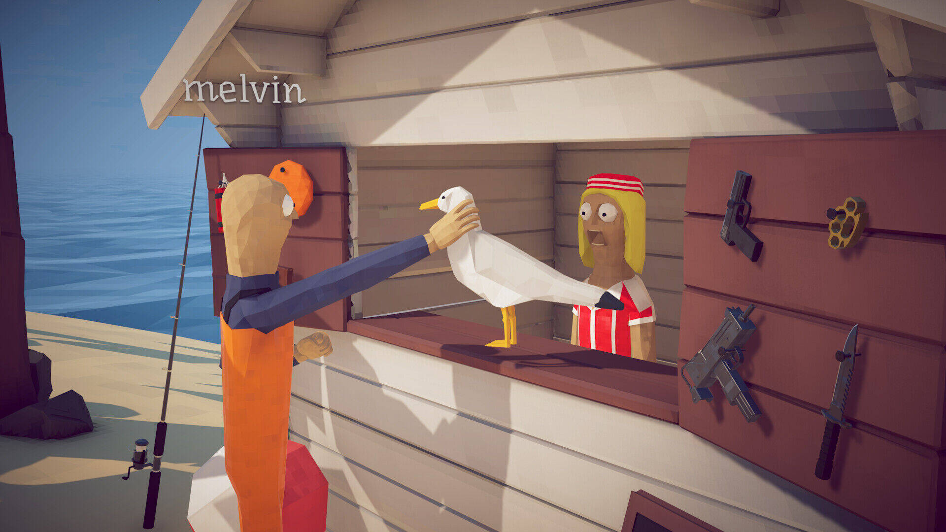 A player character interacting with a merchant NPC inside a wooden shop shack, with weapons displayed on the wall including a pistol, brass knuckles, and an Uzi