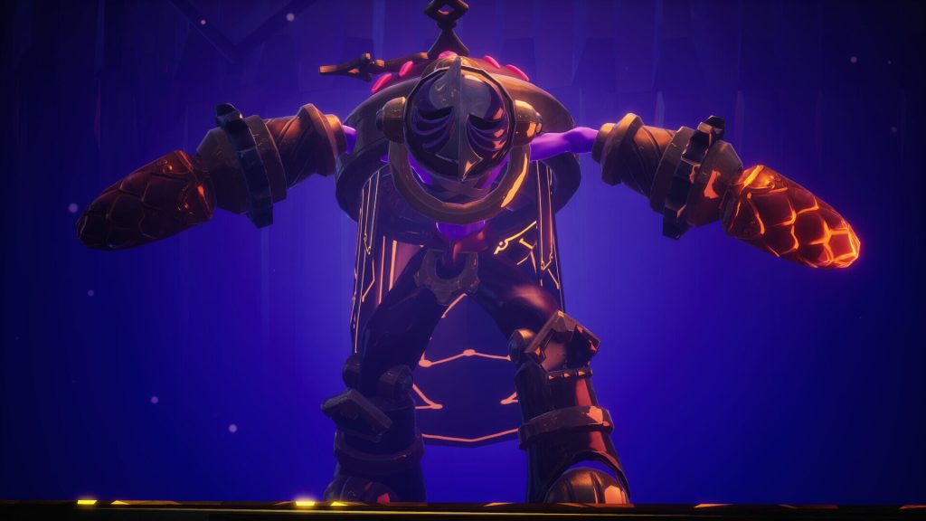 A massive armored boss with glowing orange lava-like cracks stands in a purple-lit environment