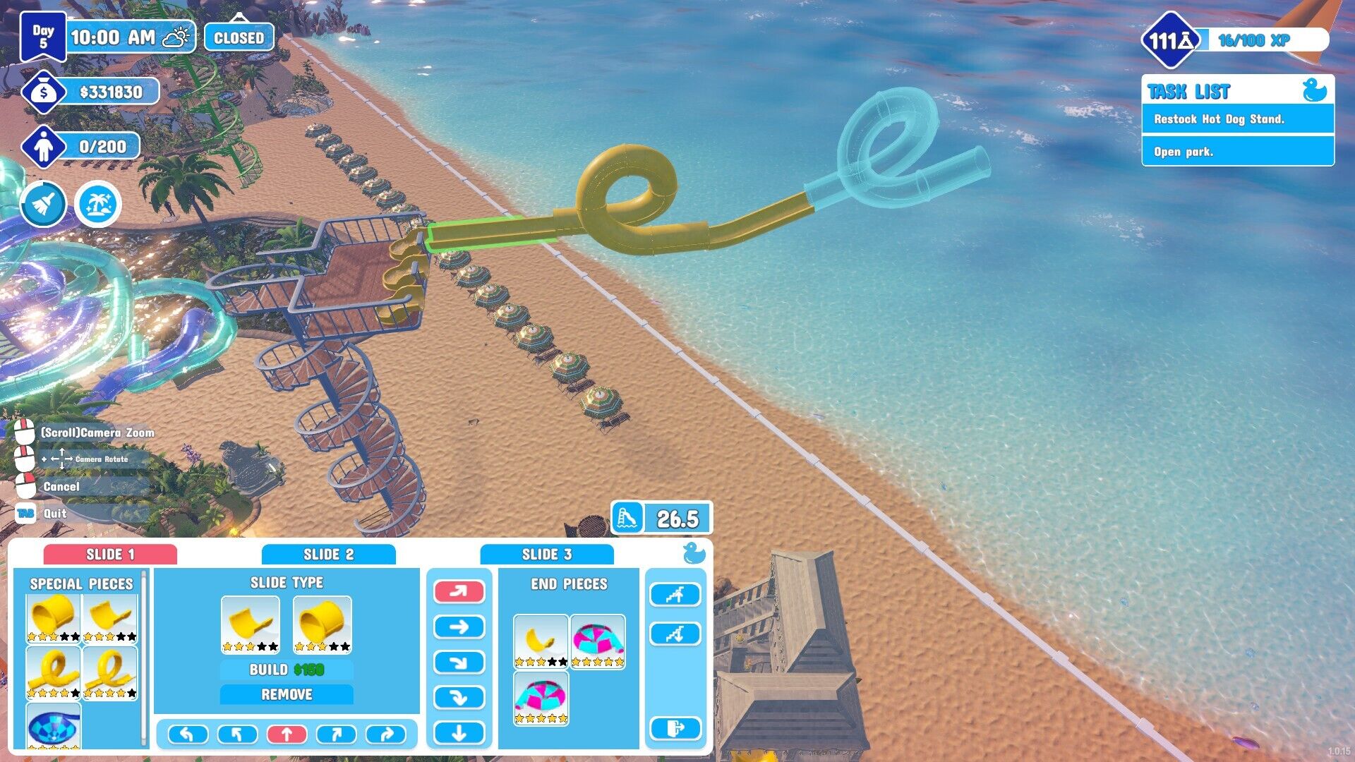 Waterpark Simulator screenshot showing the park entrance area with guests arriving and ticket booths