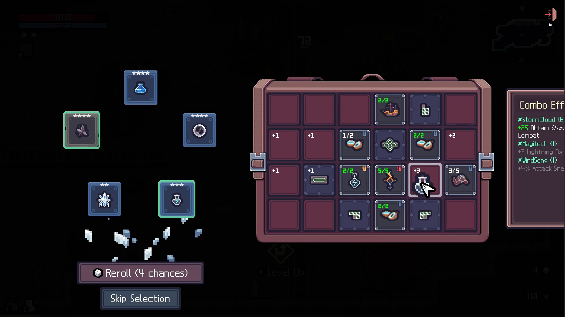 Sephiria inventory management showing item placement grid and combo effects during a shop screen
