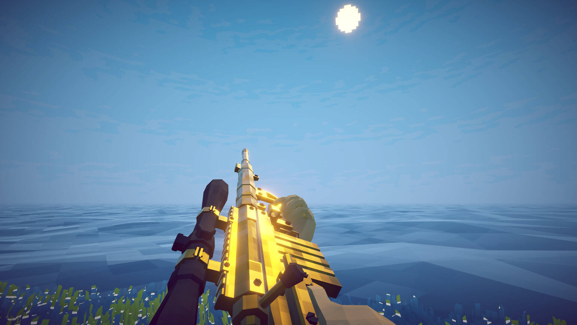 A first-person view of a golden machine gun held up against a bright sun and ocean horizon, showcasing the game's FPS weapon mechanics and lighting