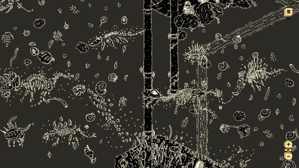 A bioluminescent deep-sea scene with ancient fossils, a whale skeleton, and a tiny diver character exploring the ocean floor