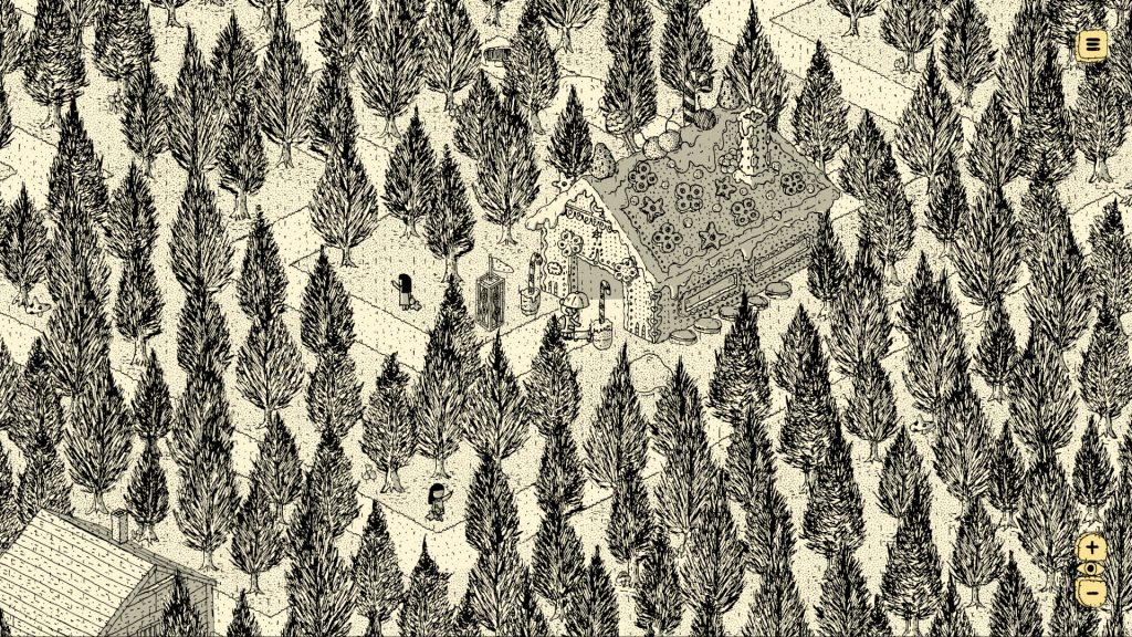 A top-down forest glade with a giant cupcake house, picnic blanket, and small characters waving among the pine trees