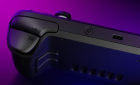Steam Deck illuminated in purple for the SteamOS 3.8.15 performance update