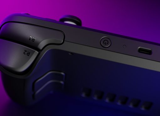 Steam Deck illuminated in purple for the SteamOS 3.8.15 performance update