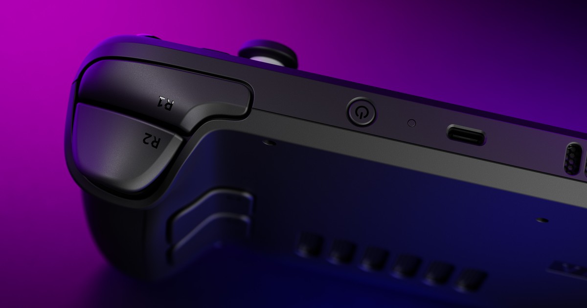 Steam Deck illuminated in purple for the SteamOS 3.8.15 performance update