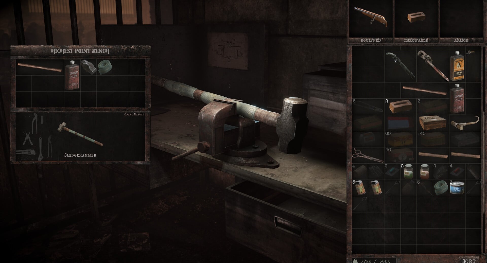 Total Chaos survival horror game crafting workbench with inventory and sledgehammer recipe