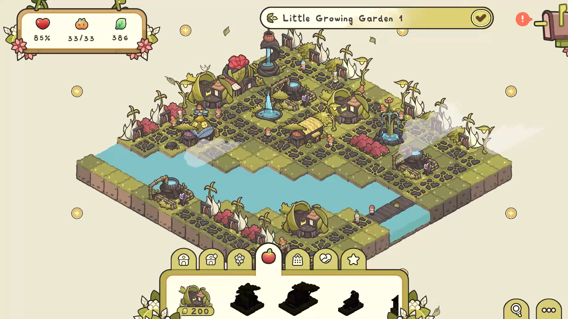 A lush grassland garden in Verde featuring seedlet houses along a winding river
