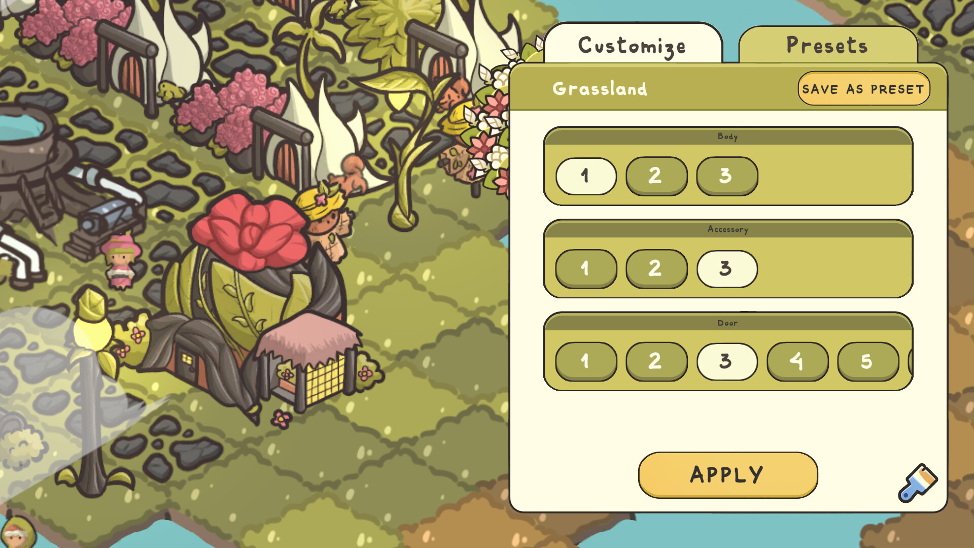 The building customization menu in Verde showing body, accessory, and door options