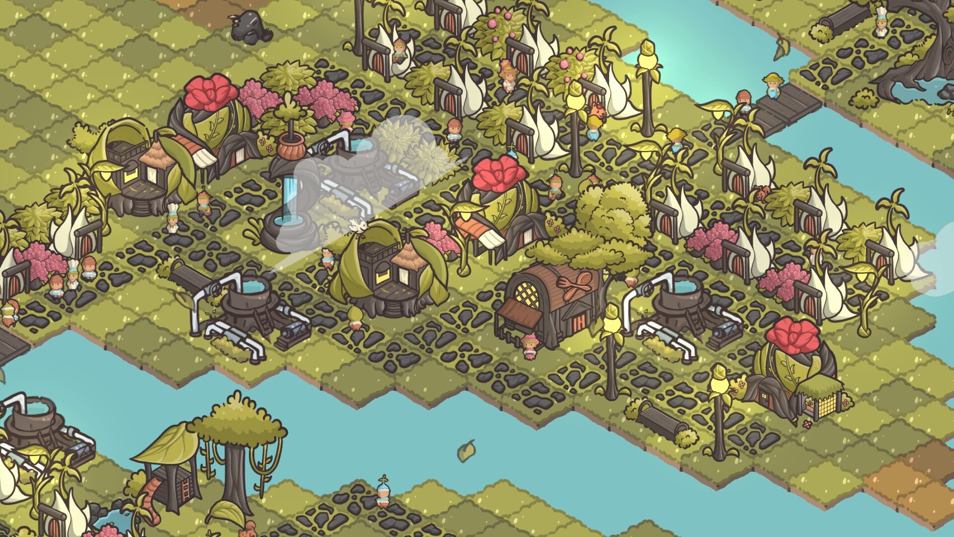 A dense settlement of leaf-shaped houses and water towers in Verde