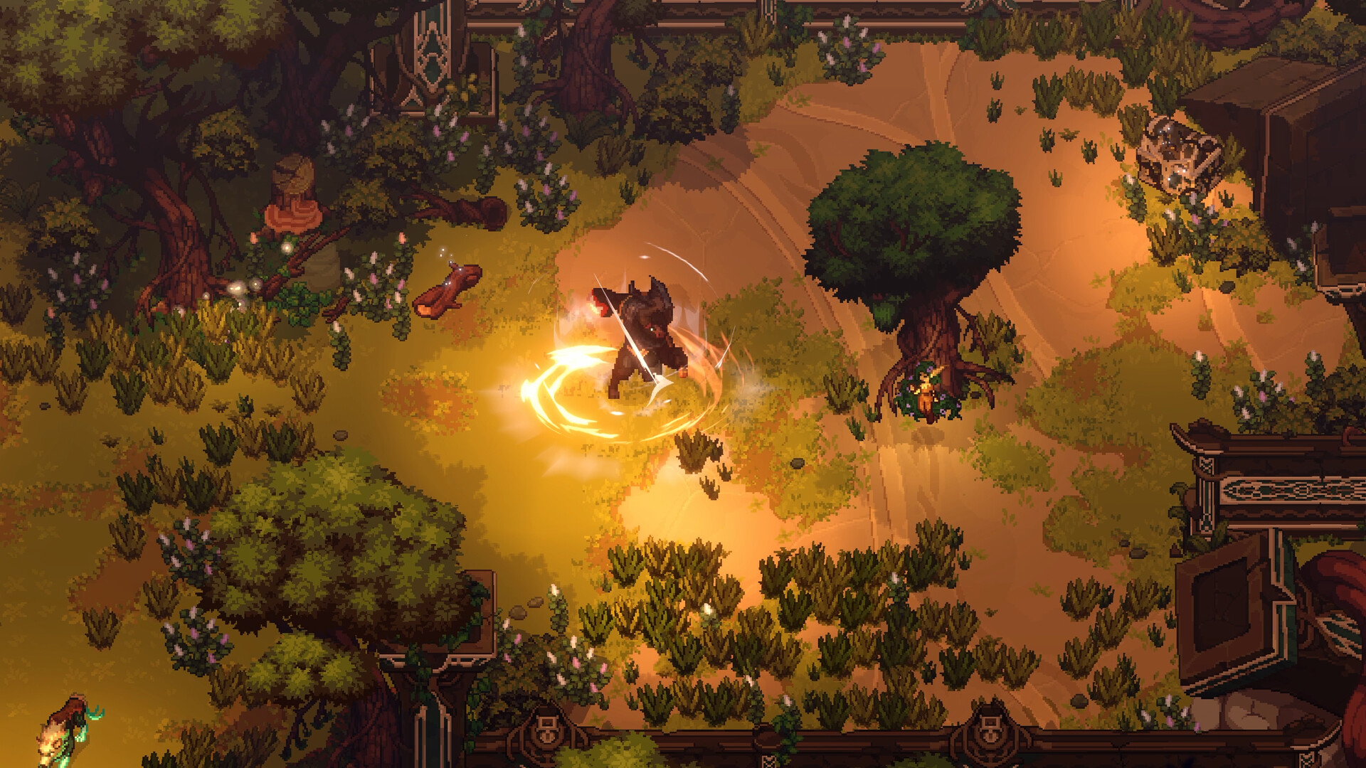 Dimraeth combat screenshot showing a character performing a spinning attack with glowing yellow magical effects against small enemies in a wooded environment