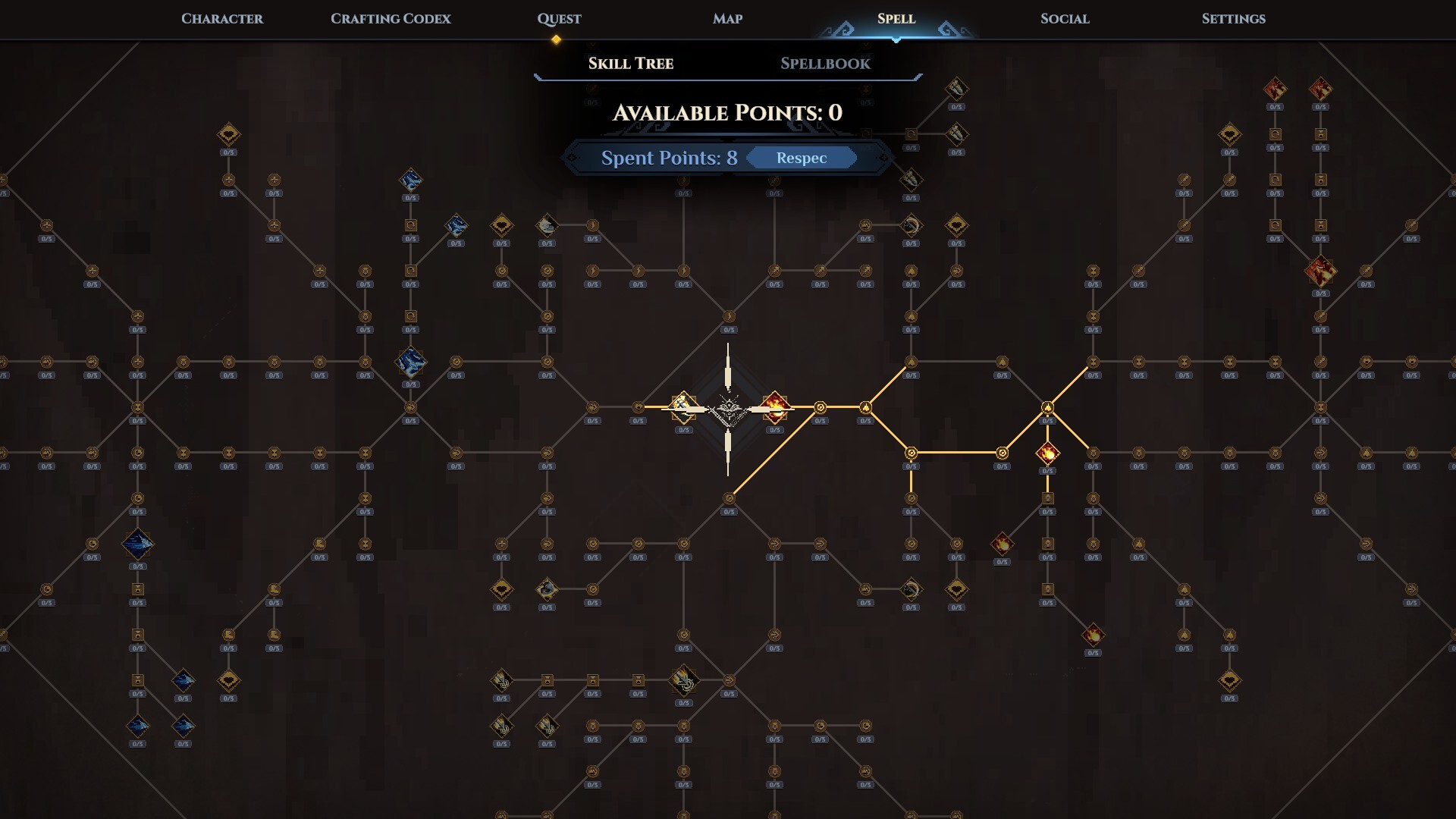 Dimraeth skill tree interface showing interconnected nodes with highlighted paths, character tabs, and progression tracking