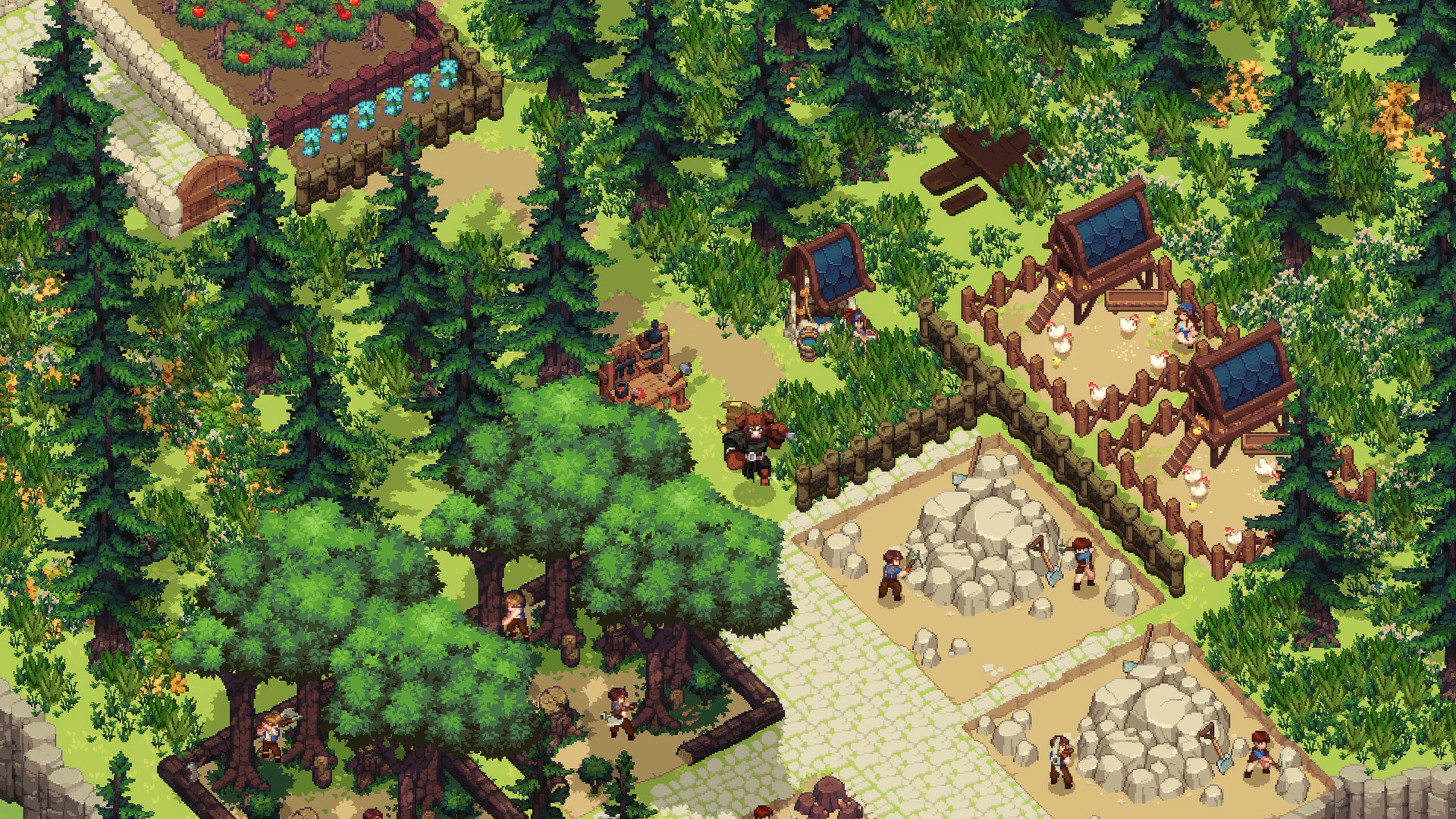 Dimraeth settlement screenshot showing buildings, crafting stations, and workers in a village setting with chicken coops and resource piles