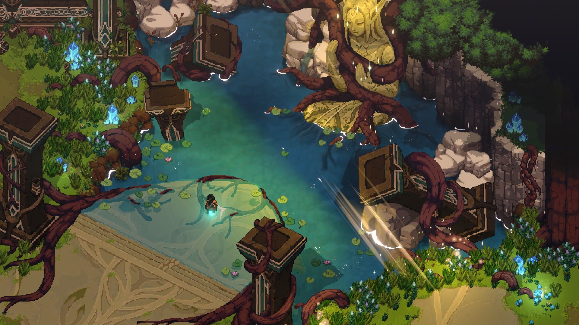 Dimraeth world exploration screenshot showing a character walking through water towards a large overgrown statue surrounded by stone pillars and lily pads