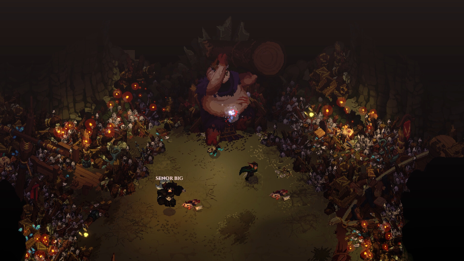 Dimraeth co-op boss fight showing two player characters with nameplates fighting a large grotesque boss in a dark cavernous arena