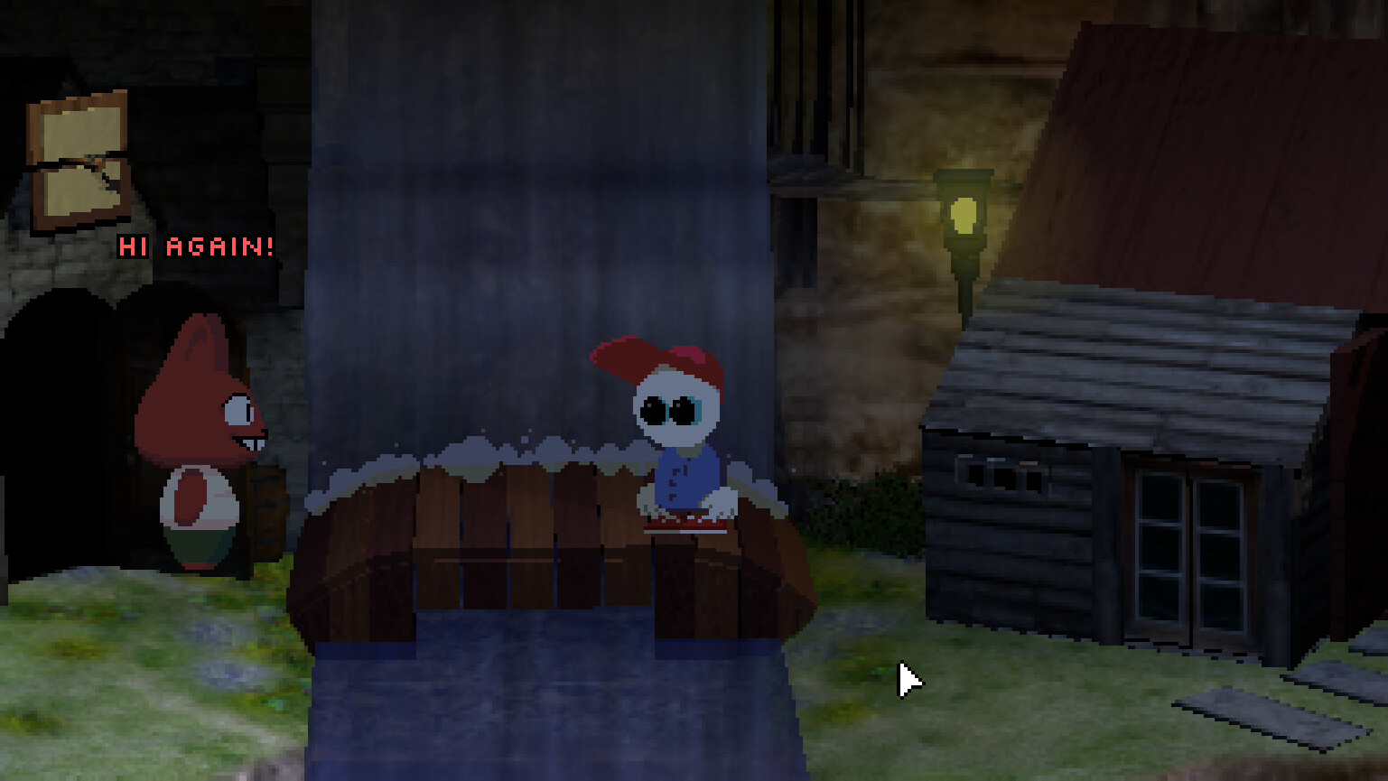 Endacopia screenshot showing Mellow in a village setting with a large red fox character and stone buildings