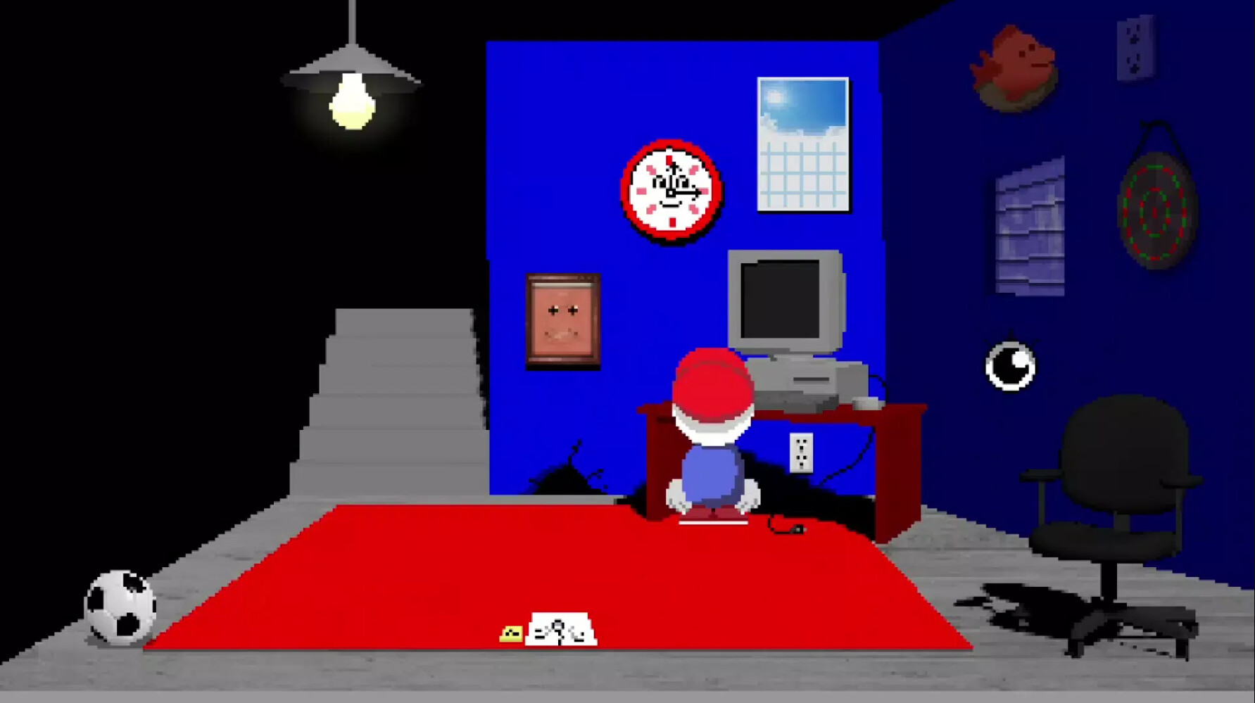 Endacopia screenshot showing Mellow sitting at a desk with a computer in a room with blue walls and various decorations