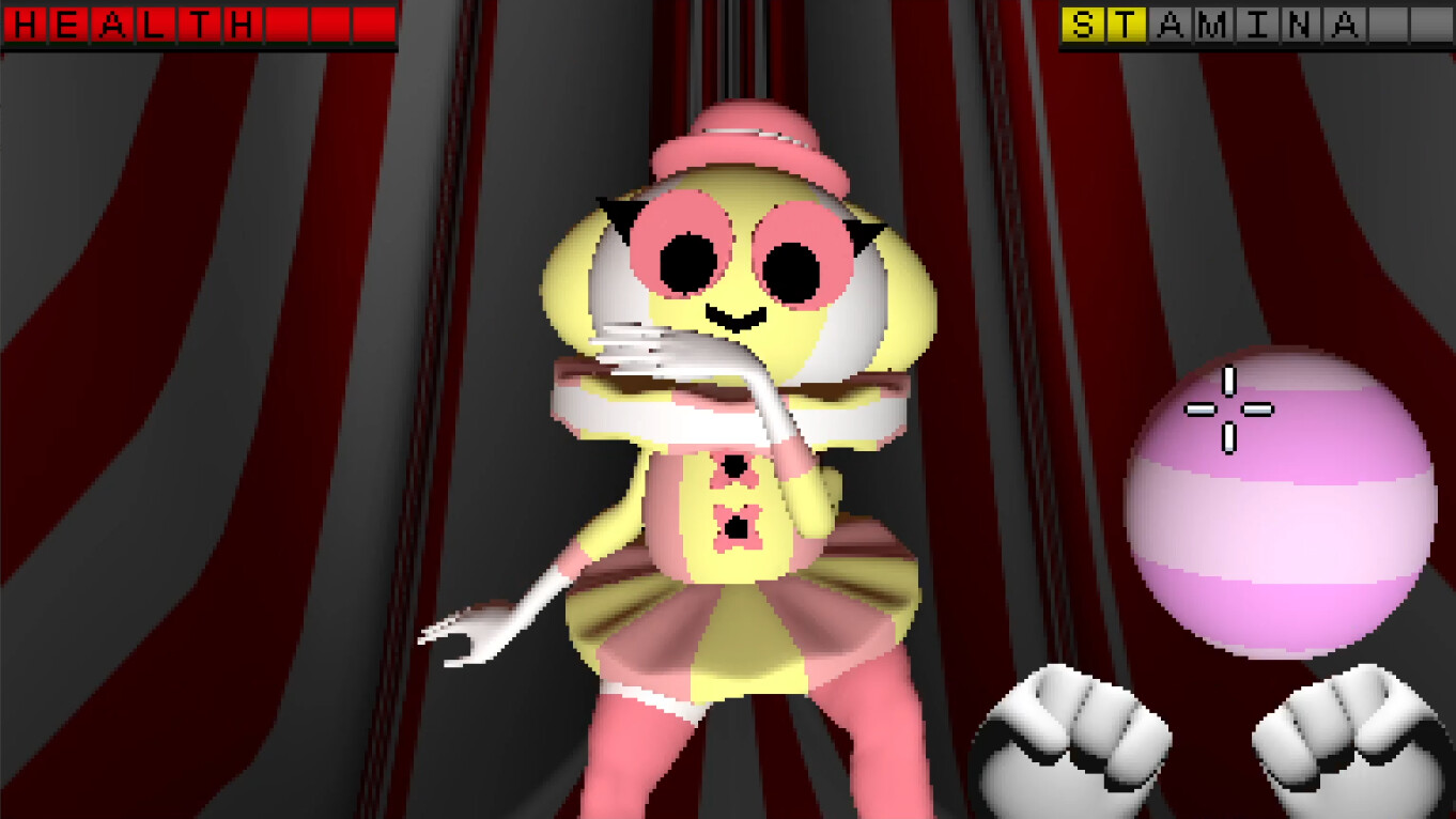 Endacopia screenshot showing a first-person combat encounter with a yellow frog-like antagonist wearing a pink hat