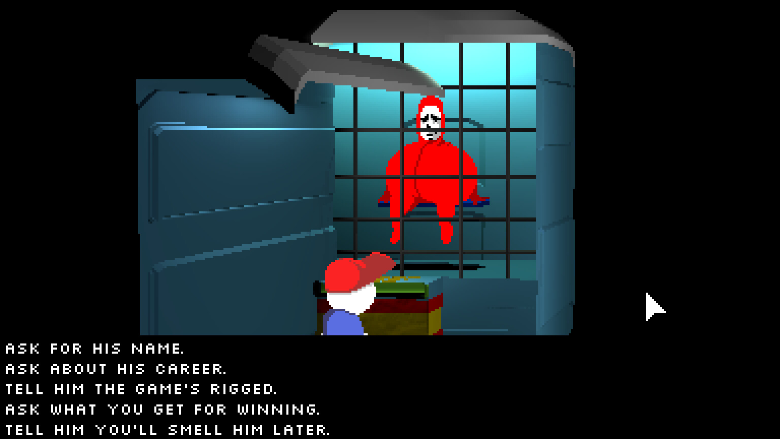 Endacopia screenshot showing a dialogue scene with a large red monstrous character in a jail cell