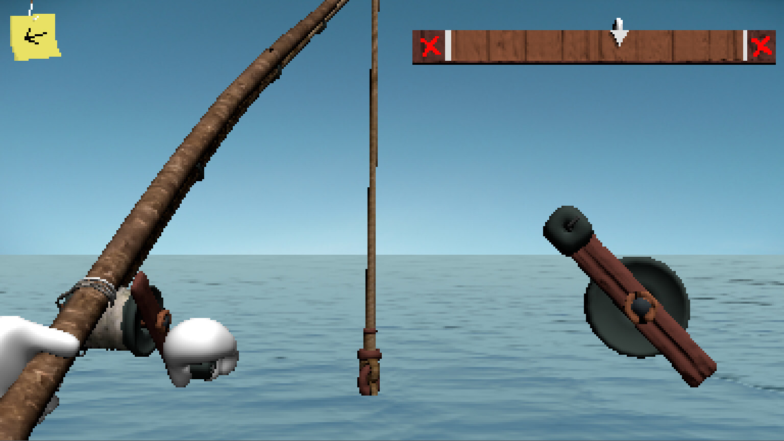 Endacopia screenshot showing a fishing mini-game with a first-person view over water and a tension bar UI