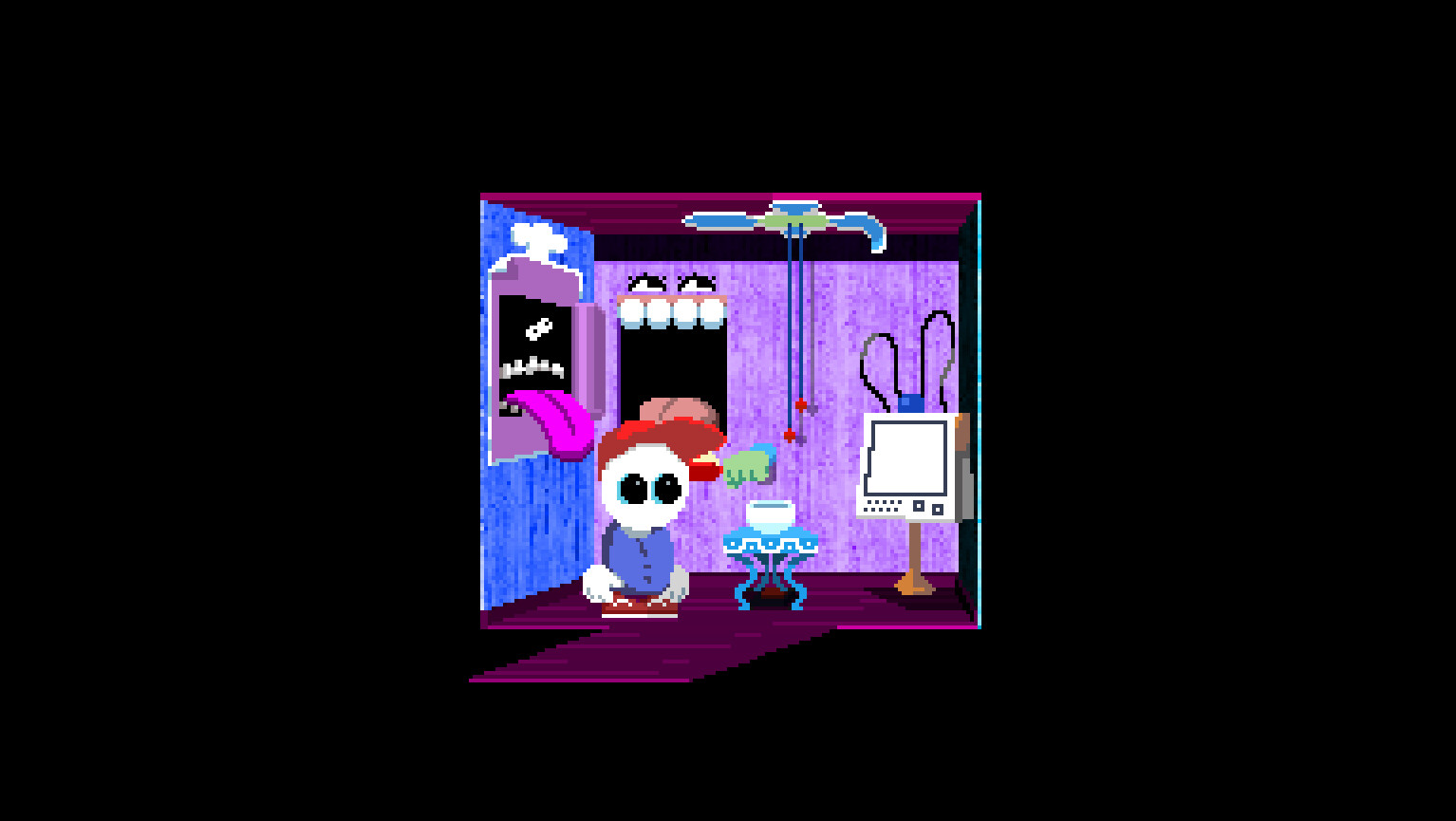 Endacopia screenshot showing a small purple-hued bathroom with a medicine cabinet, toilet, and television