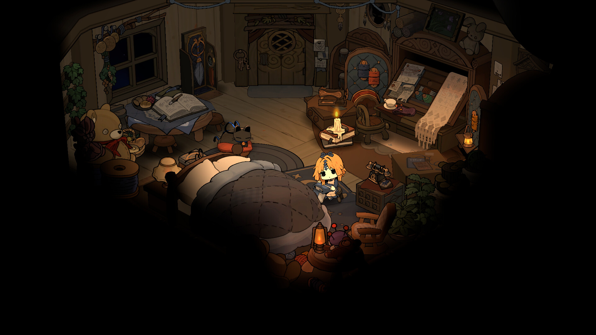 Garden of Witches hub room showing Sil standing near a bed with a teddy bear, cat, and magical items on a table