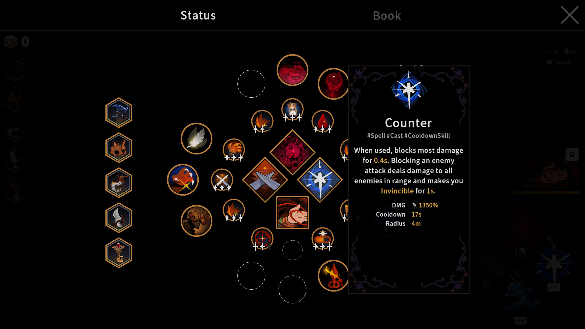 Garden of Witches skill tree showing constellation-style upgrade paths with Counter ability details
