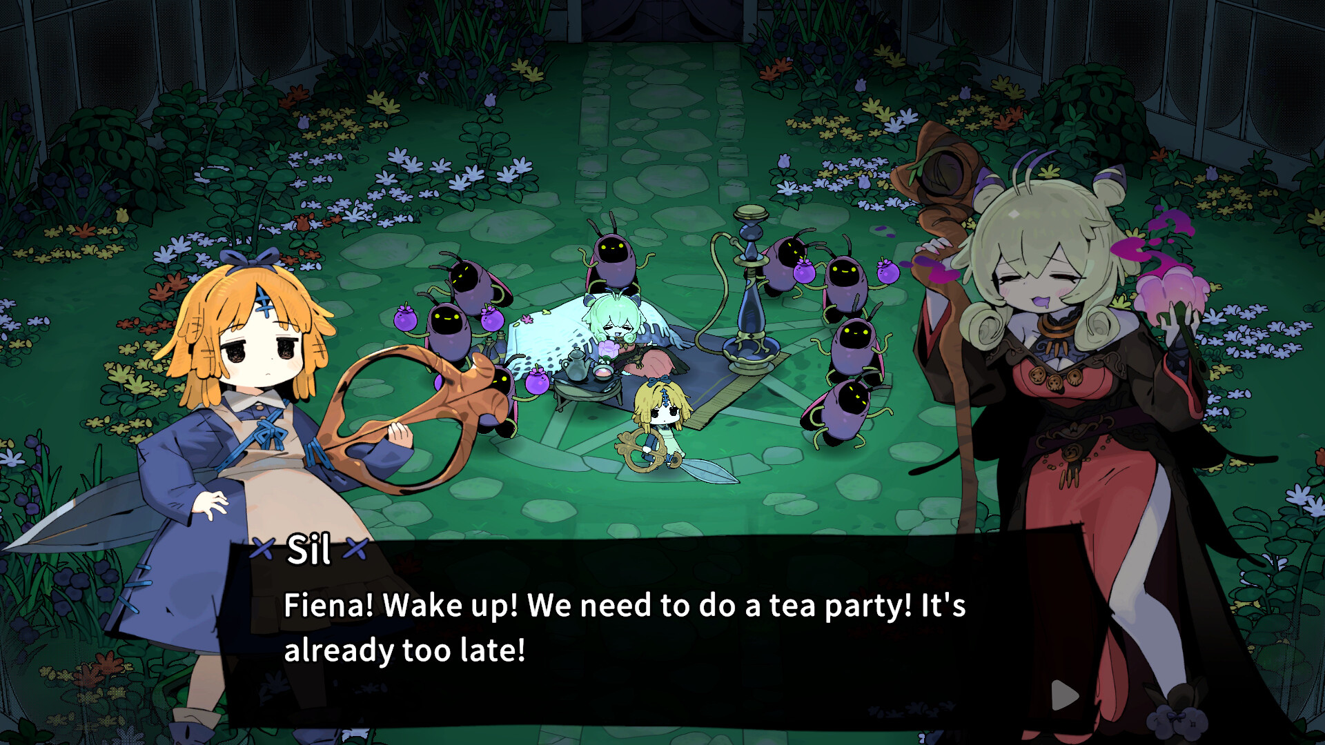 Garden of Witches intense boss battle against a multi-eyed monster with fire effects and combat UI