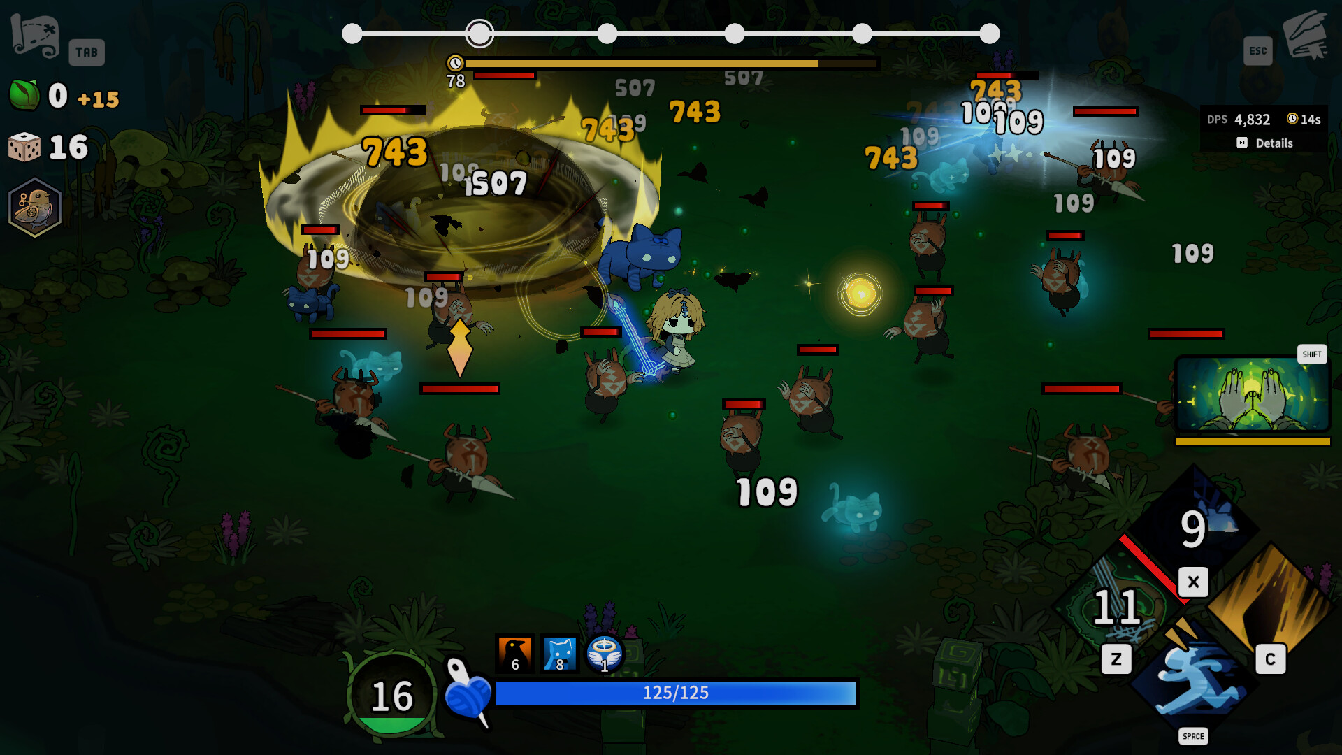 Garden of Witches combat scene with area-of-effect spells and cat spirit summons against multiple enemies