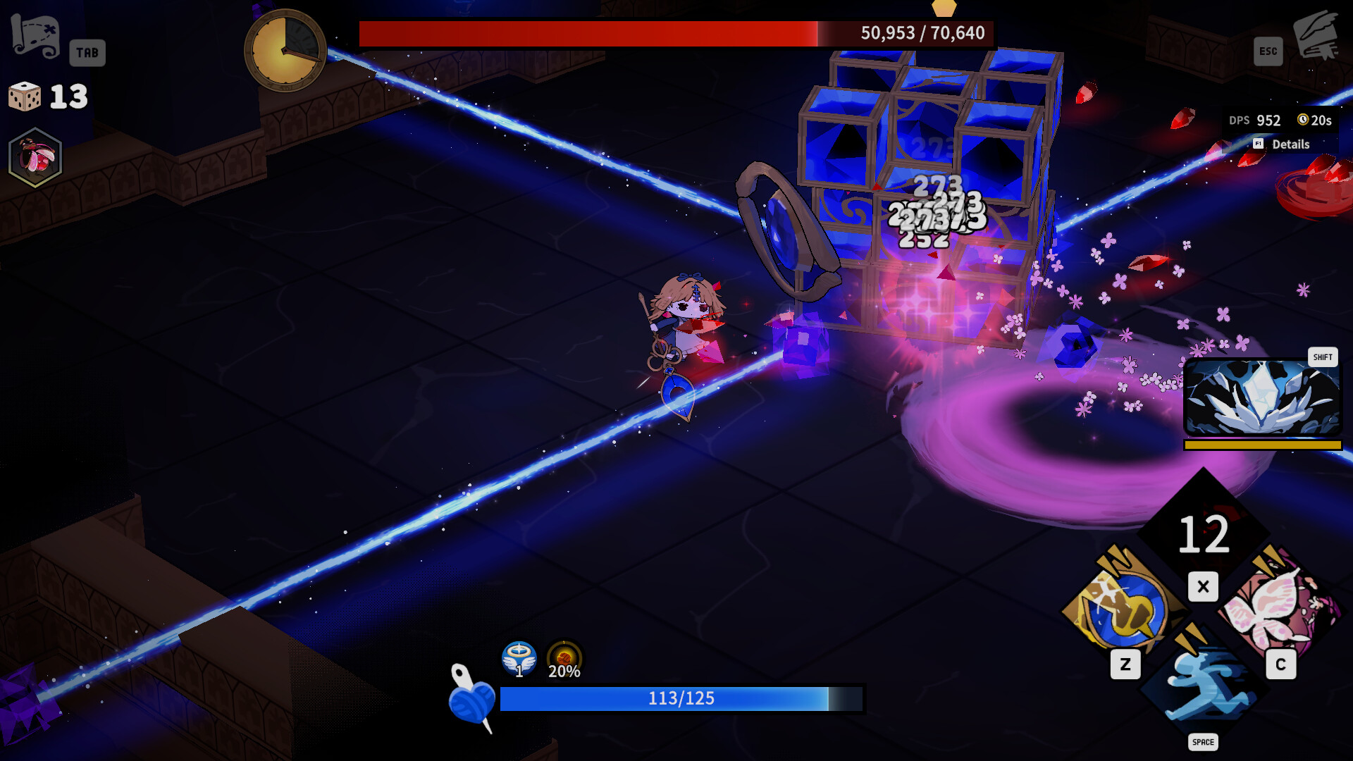 Garden of Witches bullet-hell boss encounter with blue projectiles and laser patterns