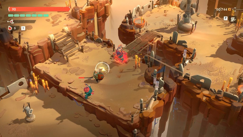 Will fights monsters in a sunlit canyon dungeon in Moonlighter 2