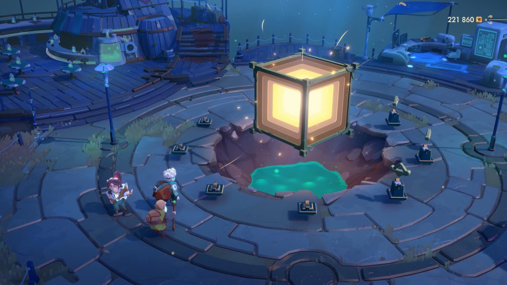 The glowing Endless Vault dominates a blue laboratory plaza in Moonlighter 2
