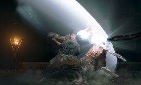 Onimusha: Way of the Sword gameplay screenshot showing Miyamoto Musashi in combat