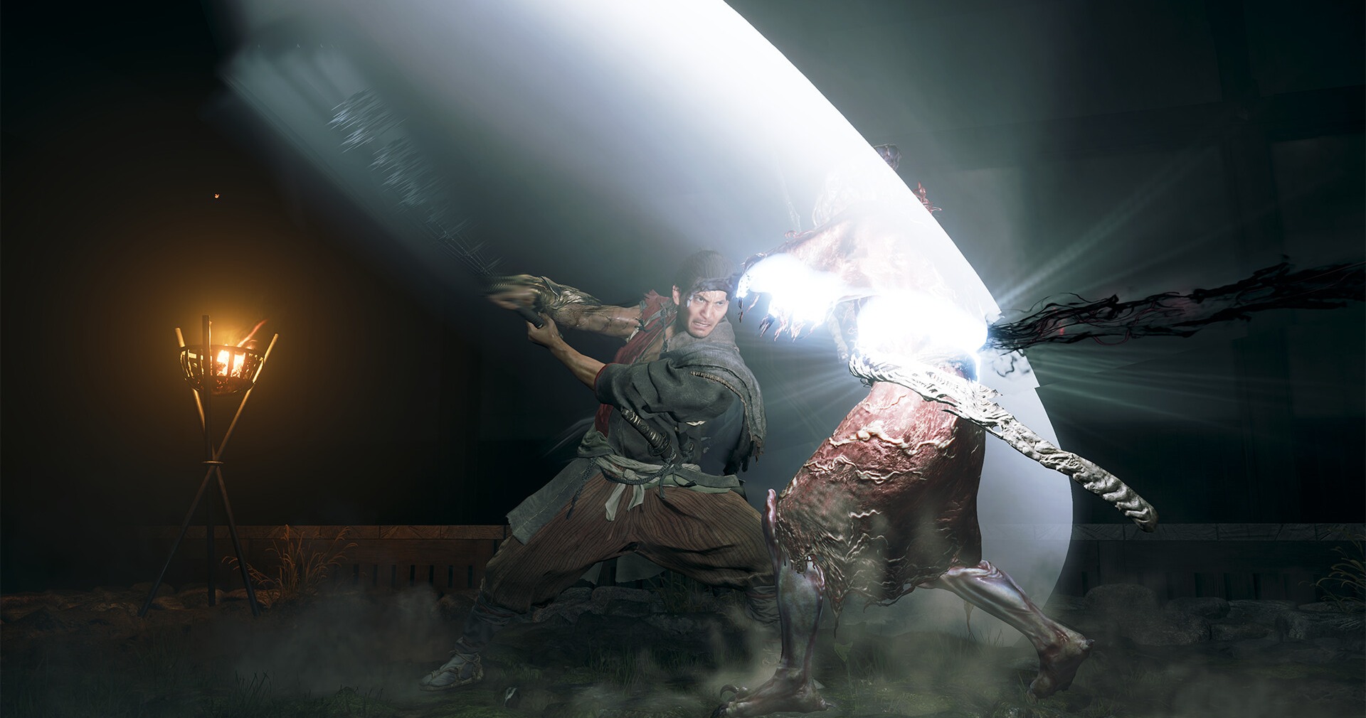 Onimusha: Way of the Sword gameplay screenshot showing Miyamoto Musashi in combat