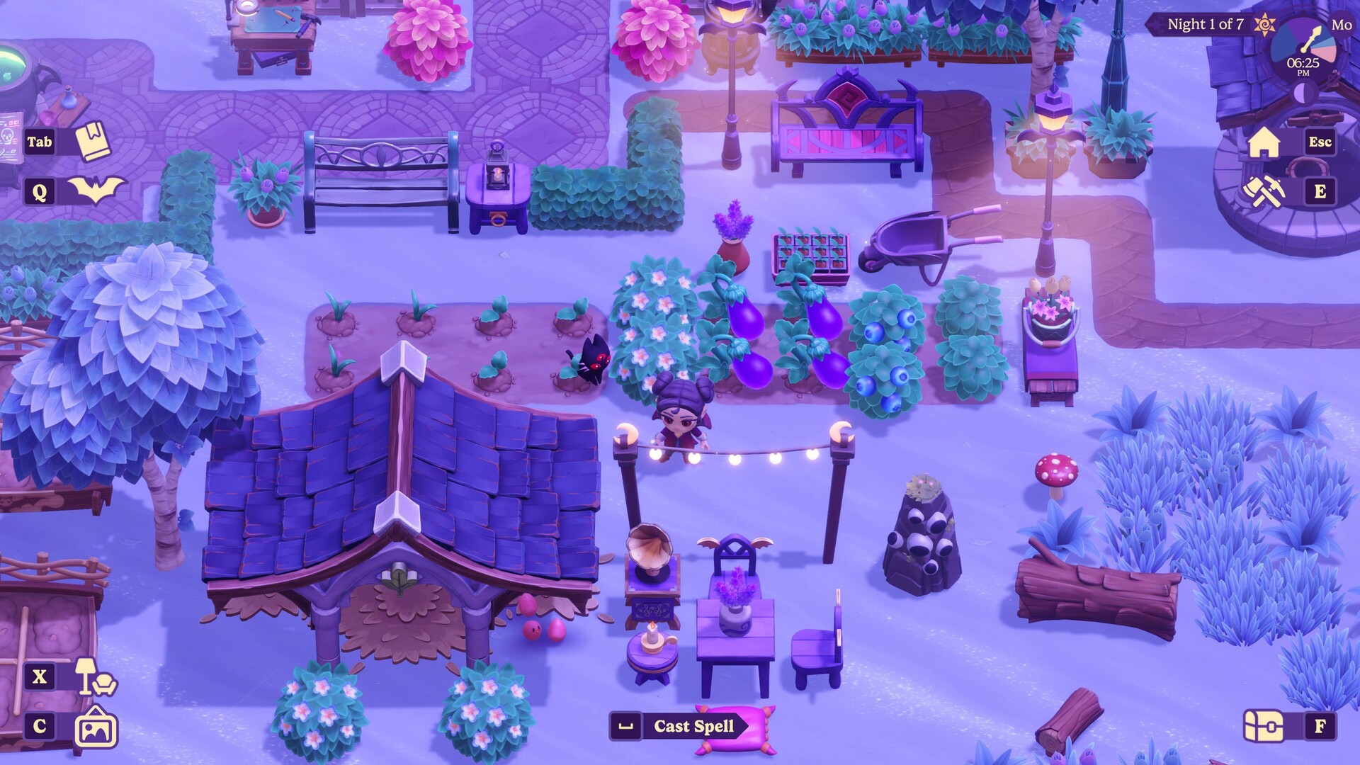 The player character stands in a moonlit garden with tilled soil and magical crops, a bat familiar hovering nearby