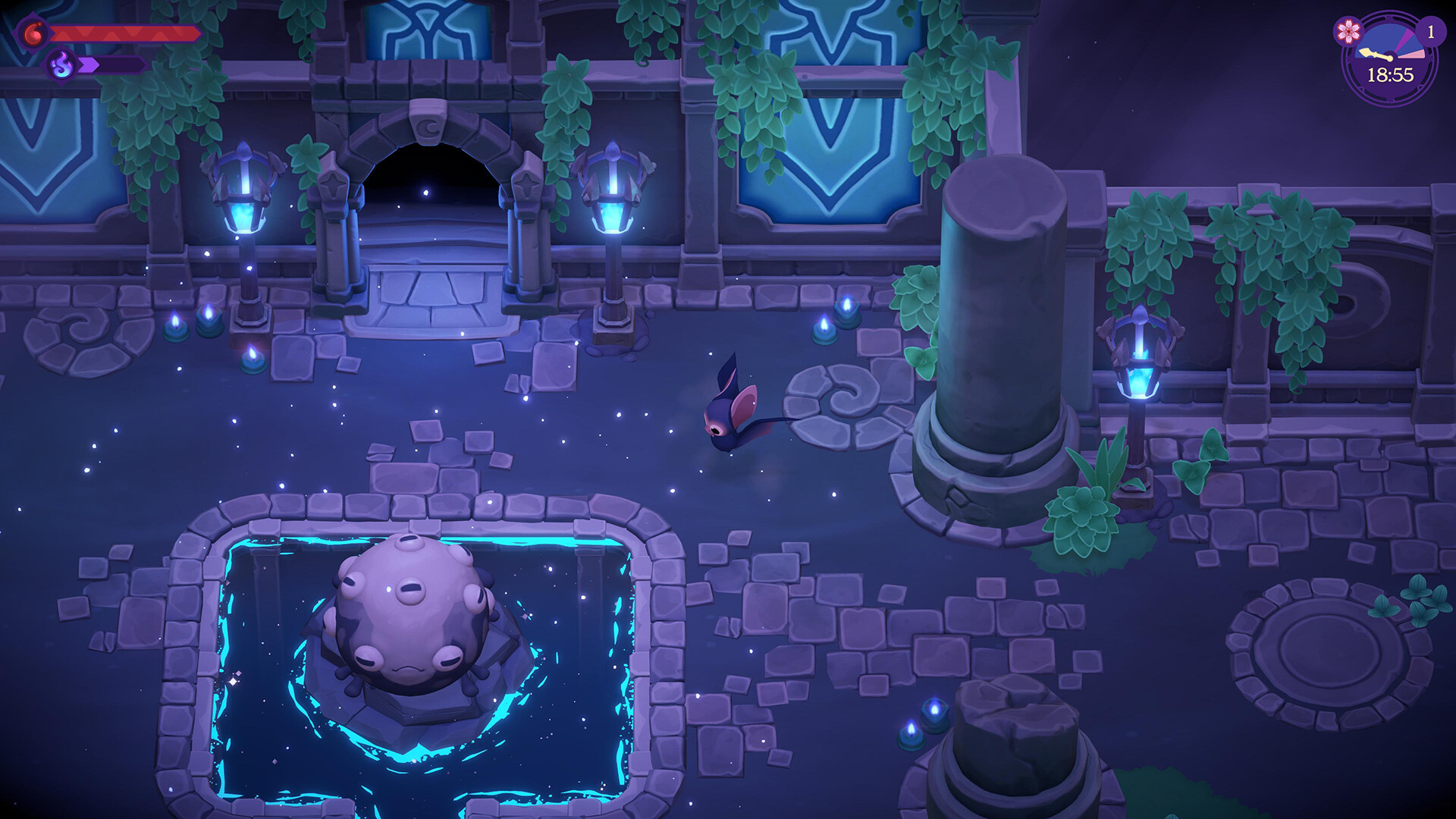 A dark dungeon with a central pool containing a pulsating organic object, stone ruins and vines surrounding it