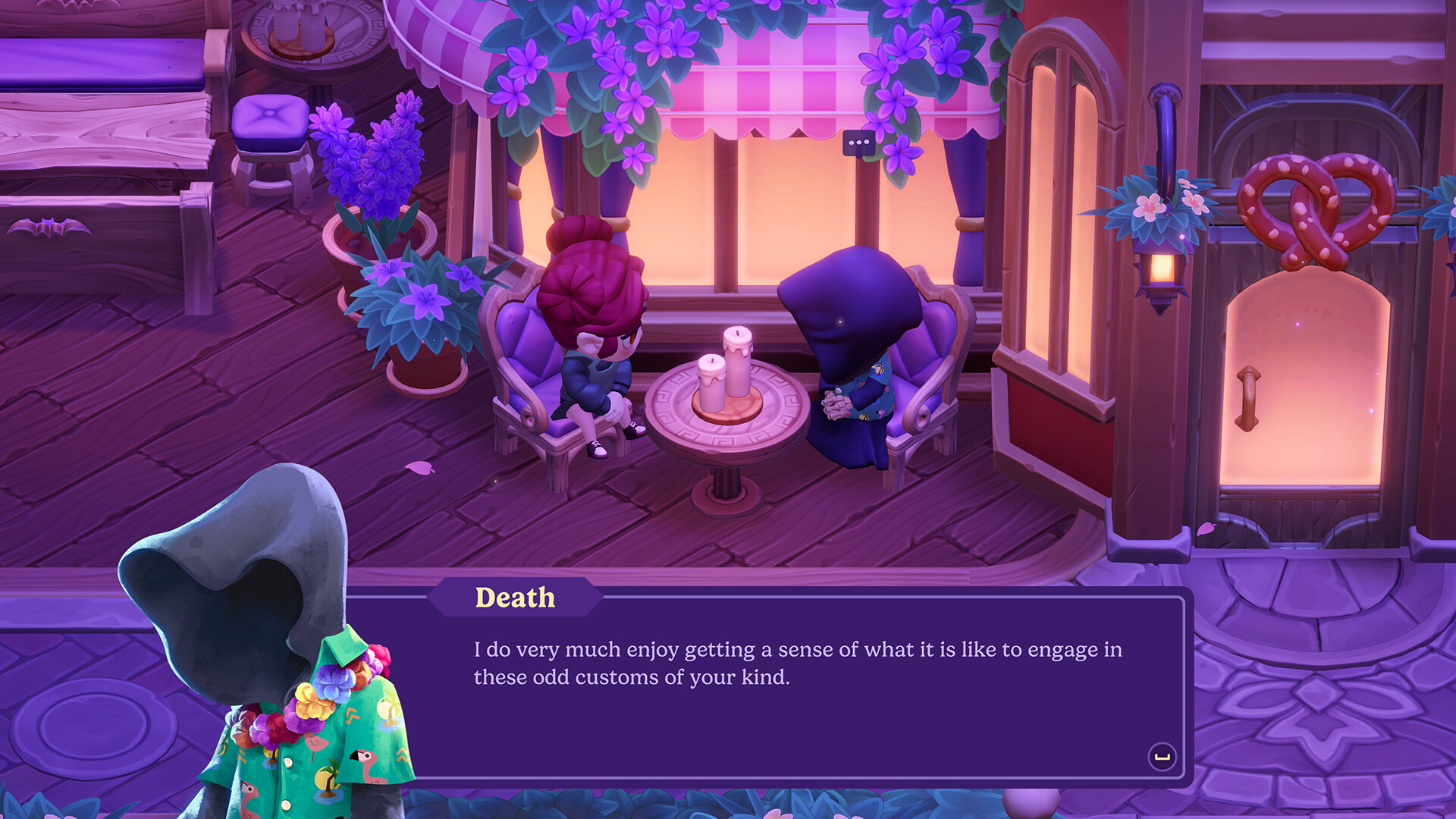 The player character sits at a tavern table across from Death, a hooded figure, engaged in dialogue