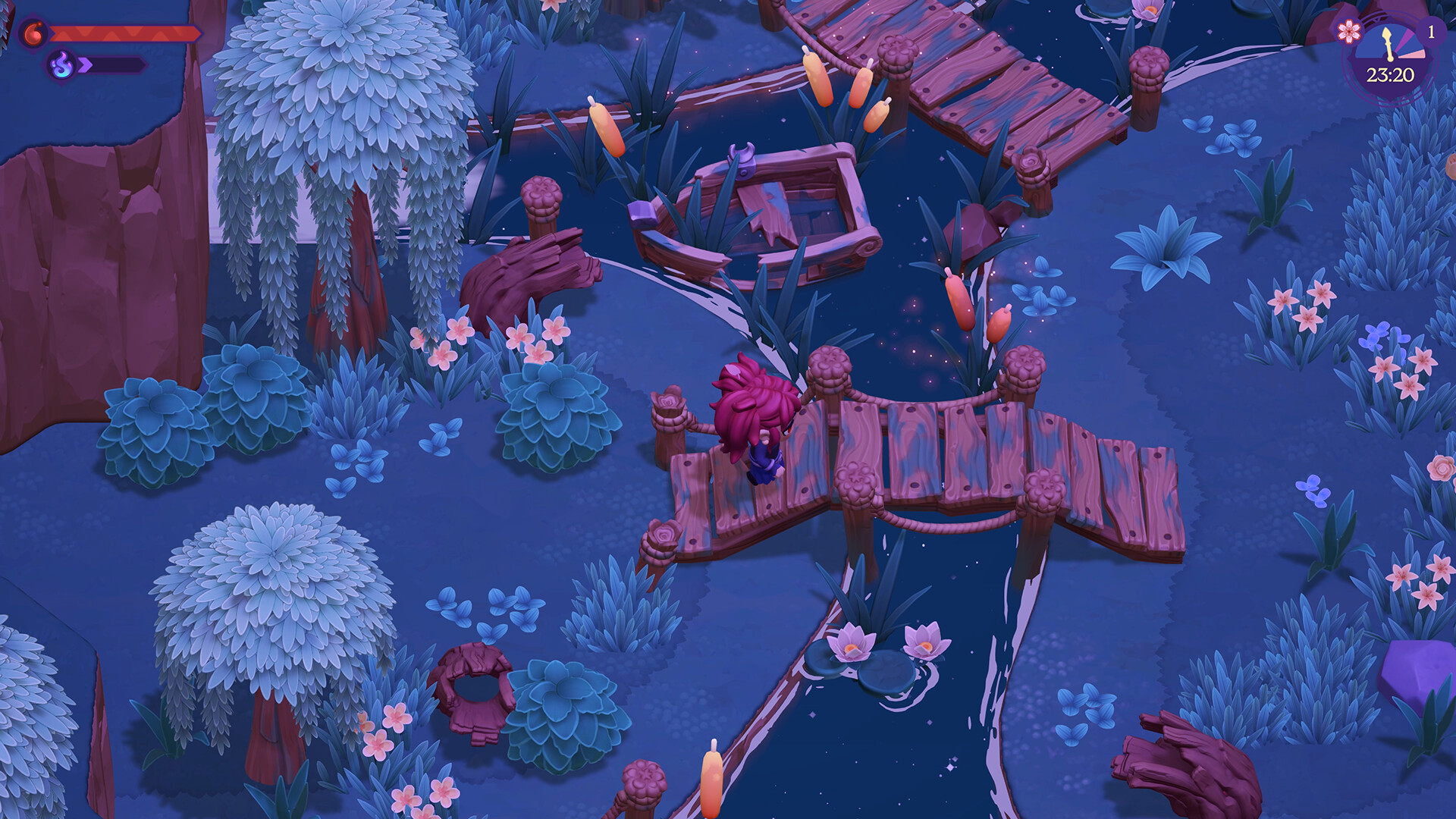 A nighttime wilderness area with water, a wooden bridge, a rowboat, and a willow-like tree