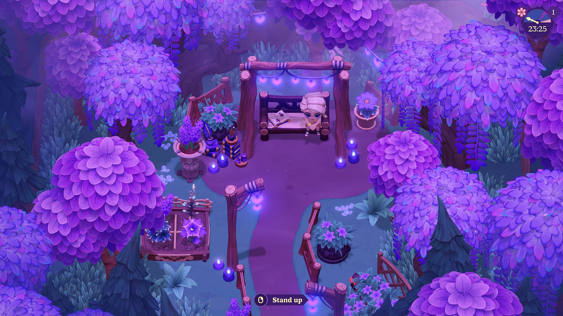 The character sits on a wooden canopy bed in a moonlit clearing surrounded by purple trees