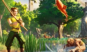 RuneScape Dragonwilds screenshot showing characters in a lush forest environment with a giant koi fish leaping from the water