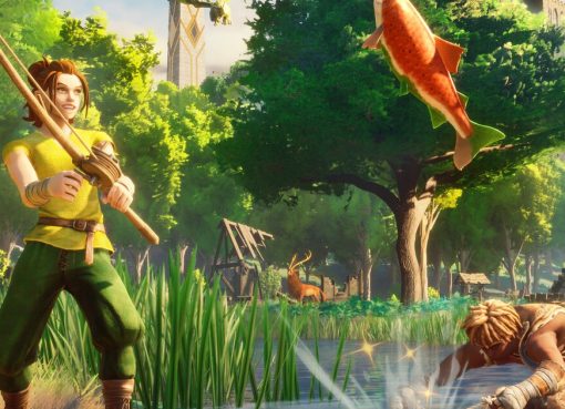 RuneScape Dragonwilds screenshot showing characters in a lush forest environment with a giant koi fish leaping from the water