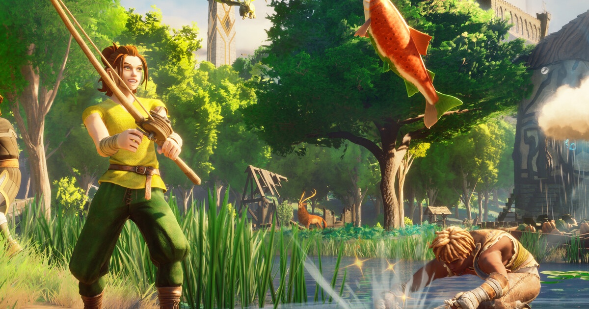 RuneScape Dragonwilds screenshot showing characters in a lush forest environment with a giant koi fish leaping from the water