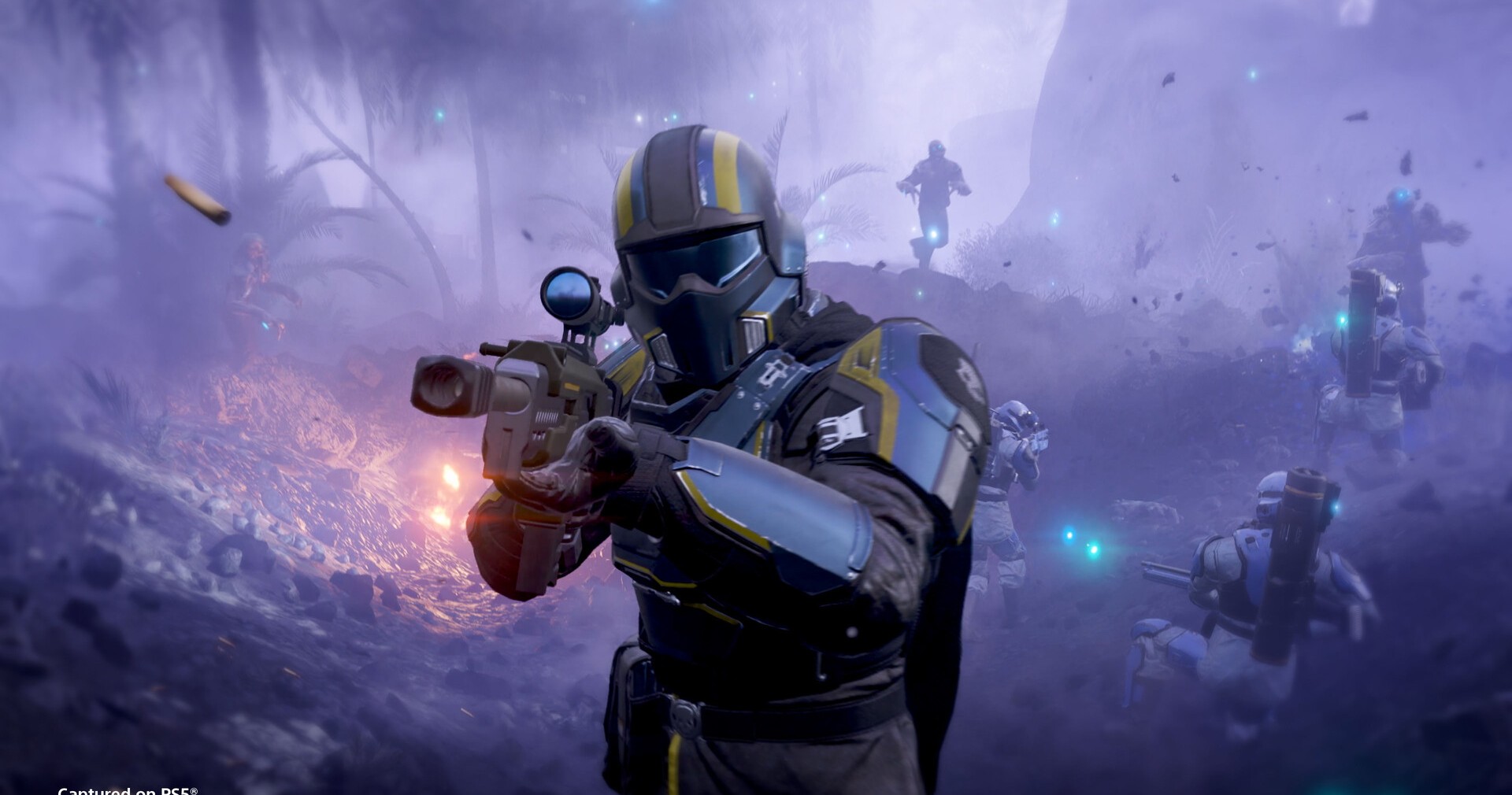 Helldivers 2 soldiers fighting alien threats in a hostile environment