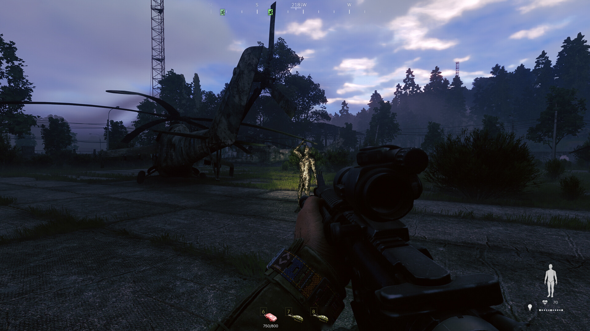 A helicopter landing zone at dusk with a soldier standing near a military chopper, showcasing the military extraction gameplay