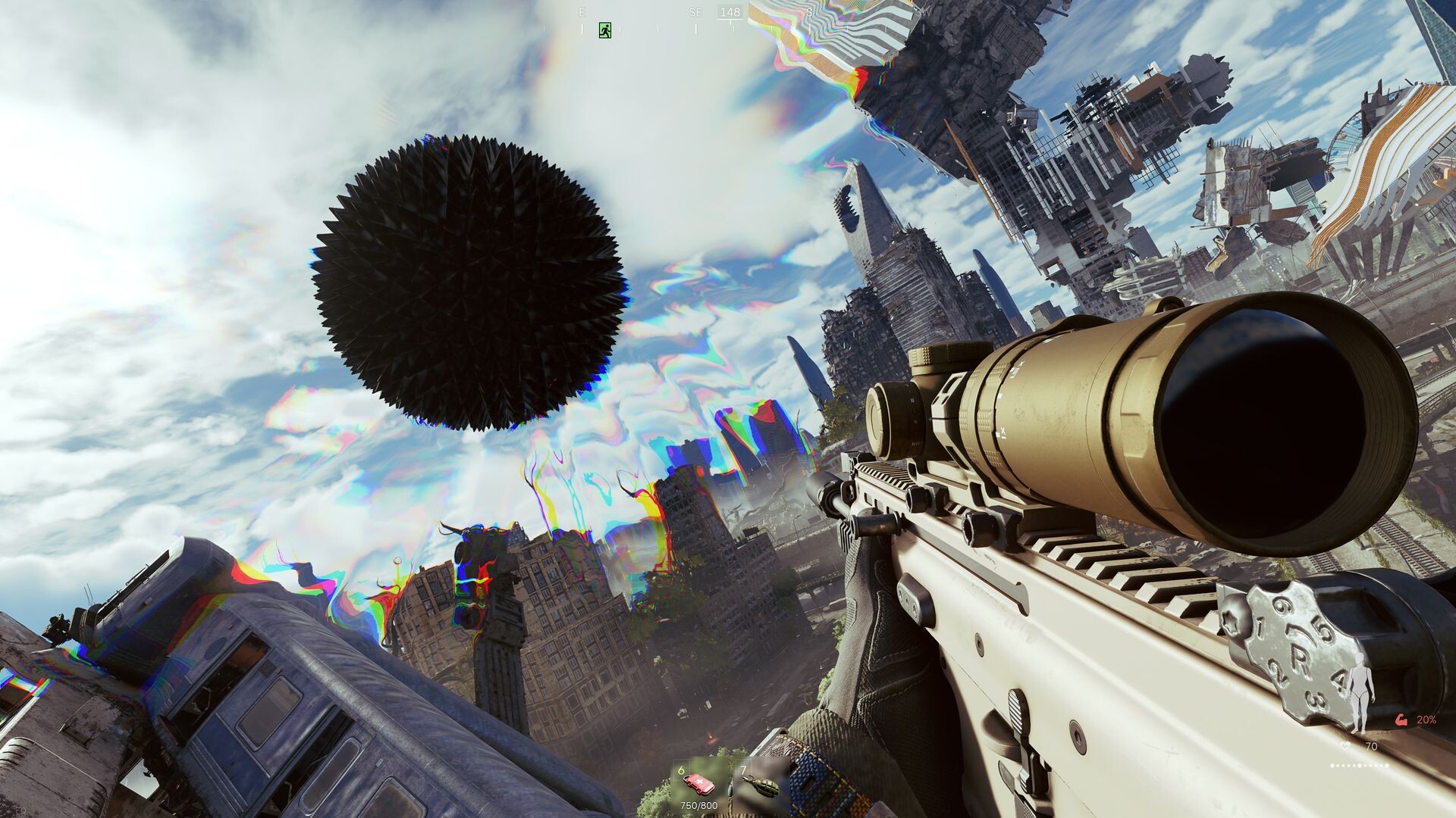 A first-person view of a massive spatial anomaly tearing through an urban landscape, with buildings twisting and floating into the sky