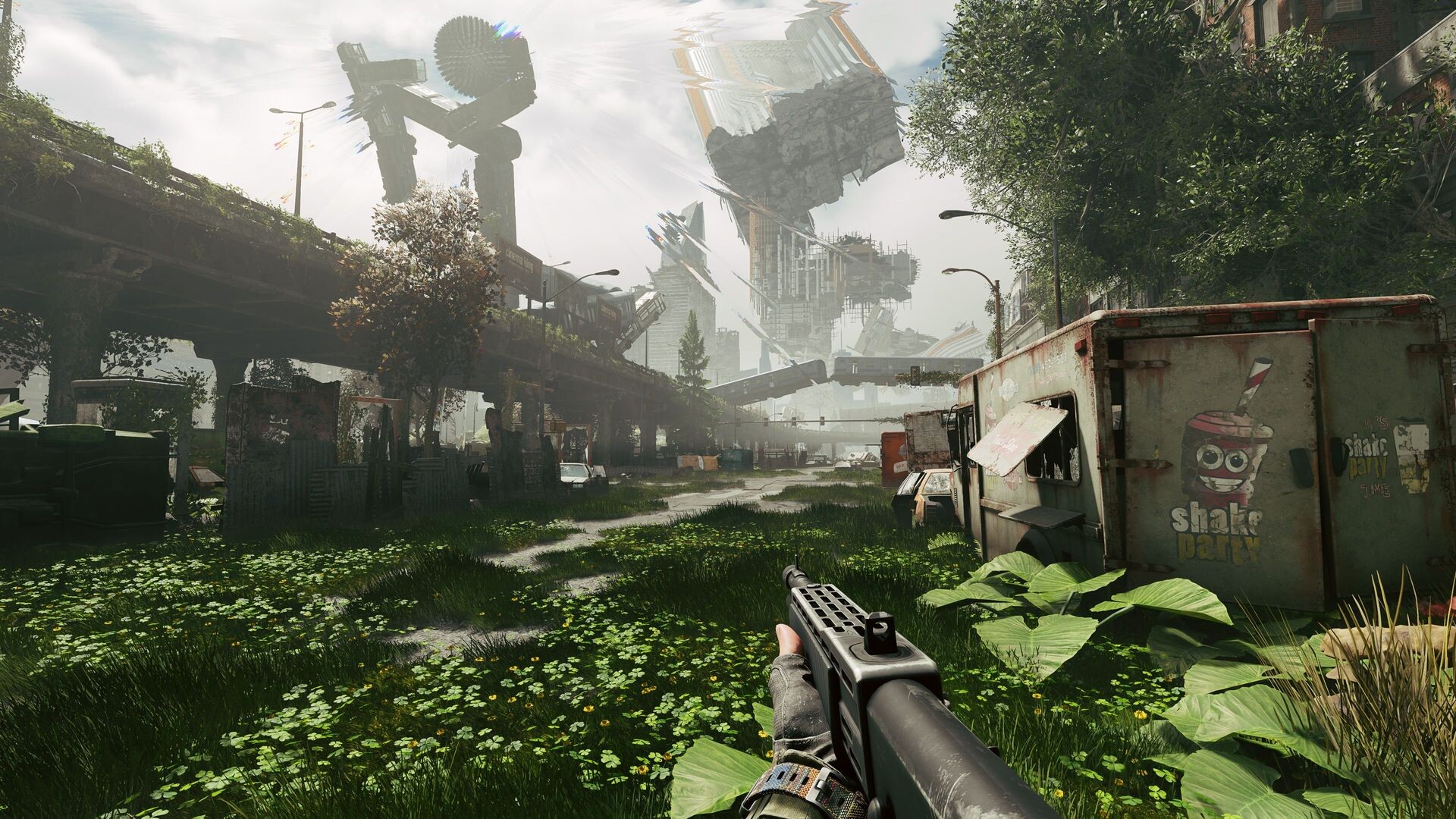 An overgrown highway with a massive sci-fi structure looming in the distance, showing the contrast between decay and anomaly