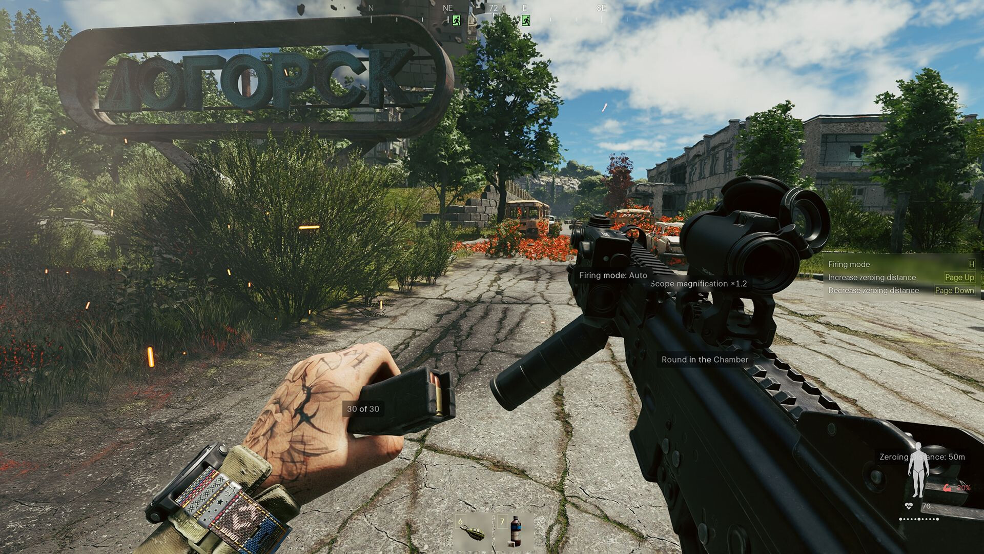 A street with a large Cyrillic sign overgrown with reddish corrupted vegetation, showing the game's unique anomalous flora