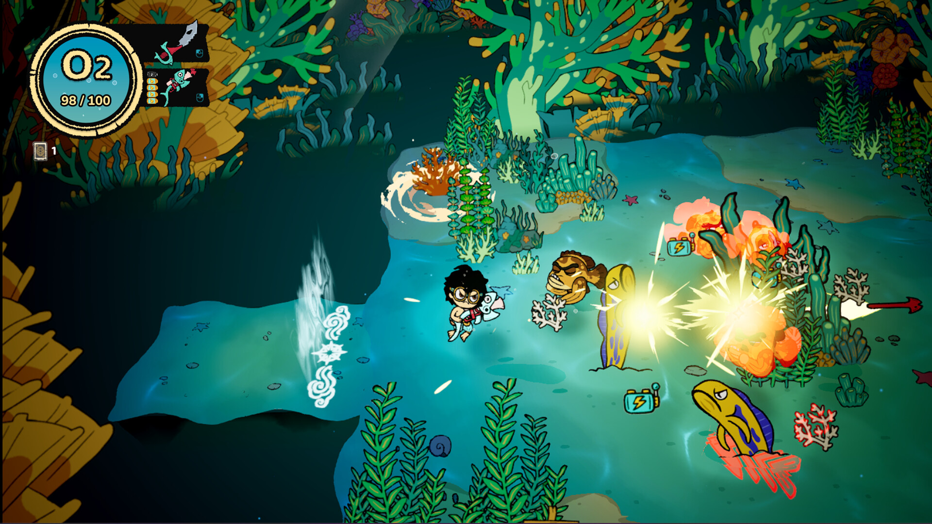 Mansour engaging in underwater combat with fish enemies amid coral reefs, O2 gauge visible in the HUD