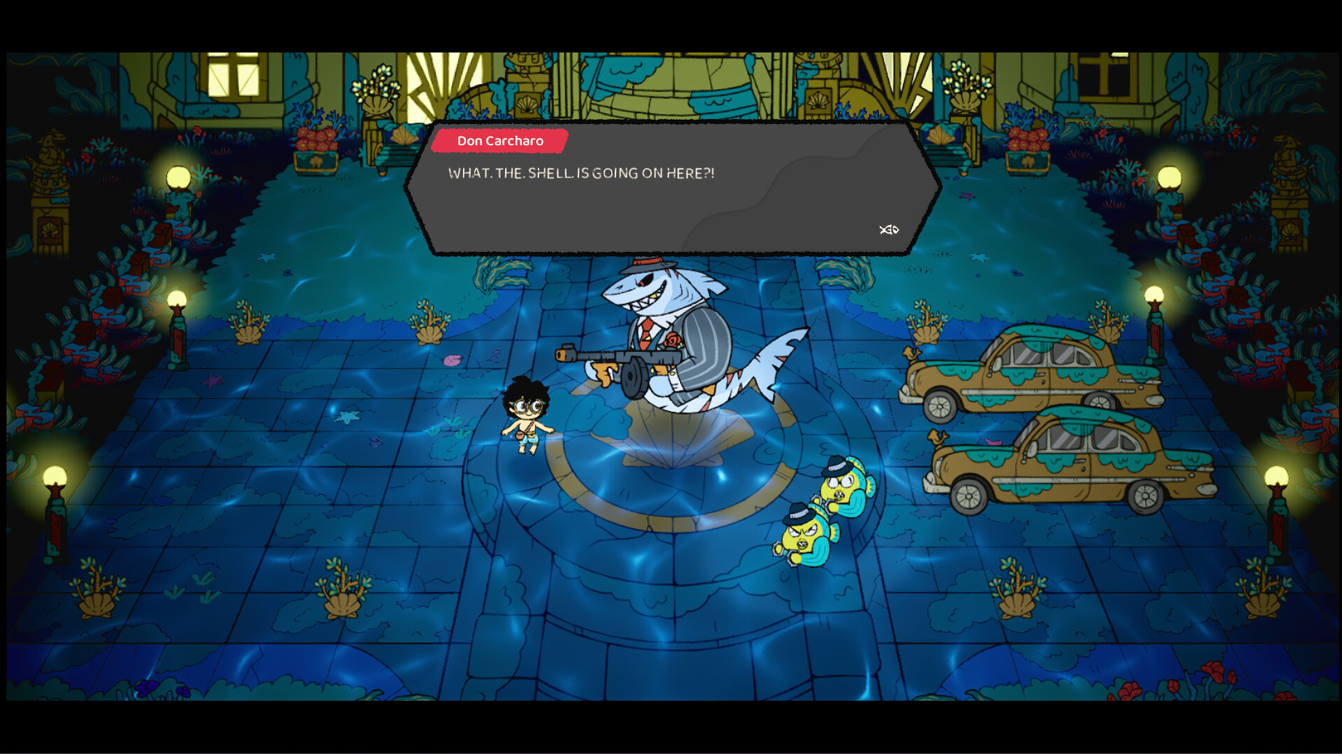 Dialogue scene with Don Ccharo, a shark mob boss in a fedora, addressing Mansour in a sunken city environment